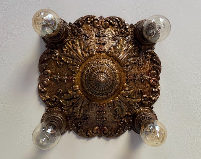 Farmhouse Flush Mount Light Fixture Chandelier, 1920's Heavy Cast Iron, Original Decor, Restored and Rewired Multi Color/Patina, Moe Bridges