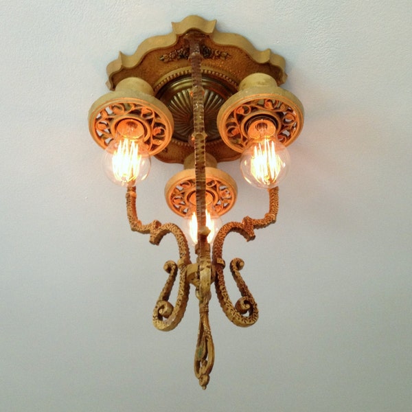 Farmhouse Hanging Light Fixture Chandelier with Barbola Roses, c1909, Restored and Rewired, Multi Color Patina, Kitchen Hallway Bedroom Bath