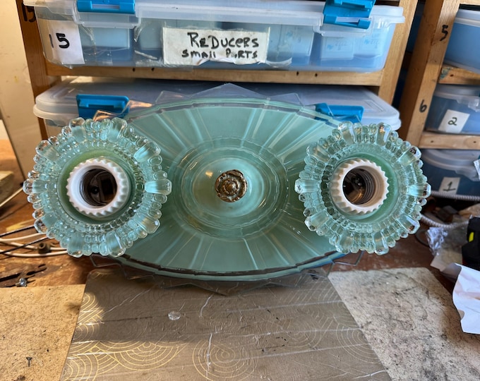 1920's Glass Hobnail Flush Mount Ceiling Light, Two Bulb, Reverse Painted Jade, Rewired Ready To Install, Bath, Hallway, Kitchen