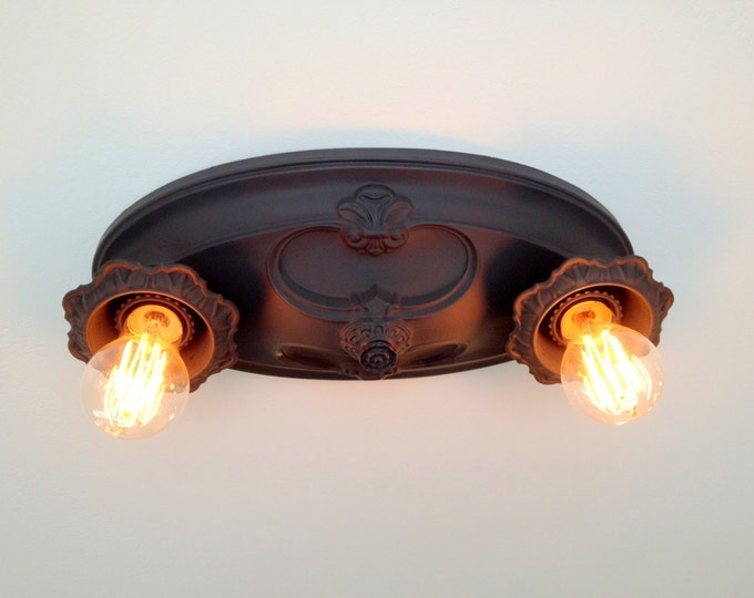 Farmhouse Antique Flush Mount Light Fixture, Two Bulb Pressed Brass, 1930's, Charcoal Black, Rewired, Charcoal Black
