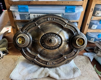 Flush Mount Antique Art Deco Ceiling Light, 1910's Two Bulb Heavy Cast Iron, Deep Bronze Decor, Rewired and Ready to Install