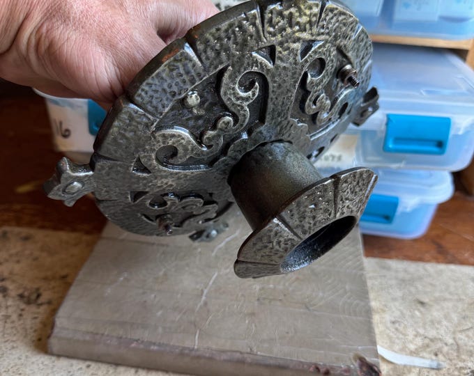 1910's Cast Iron Flush Mount Ceiling Fixture, Gothic Medieval, Original Nickel Decor,  Ready to install,  Hallway, Foyer Closet
