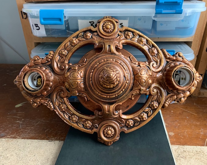 1910's Antique Flush Mount 2 Bulb Ceiling Fixture, Refinished Bronze Decor, Rewired and Ready to Install, Champion