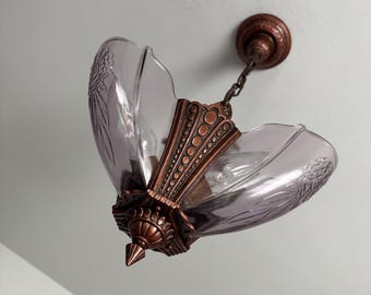 RESERVED Antique Semi-flush 3 Bulb Slip Shade Chandelier