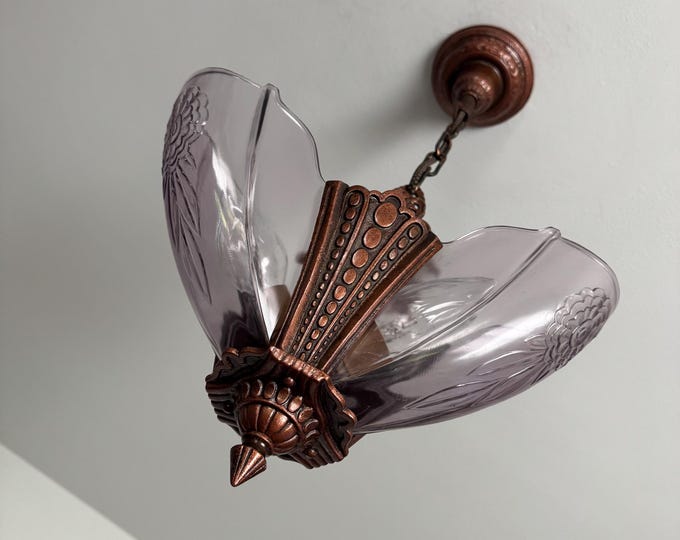 Antique Hanging 3 Bulb Slip Shade Chandelier, 1920's Cast Iron, Rewired/Restored in Original Copper Decor, Clear Lavender Glass Shades