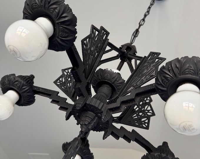 Art Deco Hanging 6 Bulb Ceiling Fixture, 1910's Cast Aluminum, Rewired/Restored, Charcoal Black, Tall Ceilings