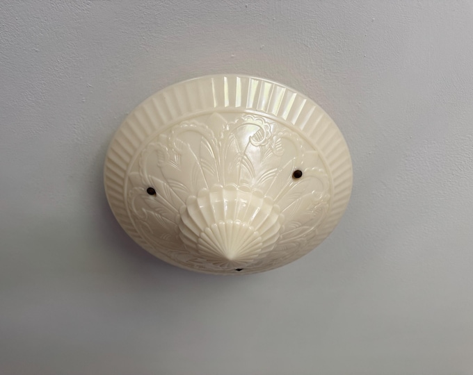 Antique 3 Bar Semi Flush Ceiling Light, 1930's Vaseline Custard Glass, Ready to Install