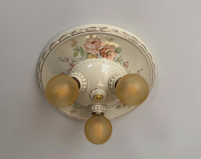 Farmhouse Flush Mount Ceiling Fixture with Barbola Roses, Three Light Porcelain, Rewired, 1930's Porcelier