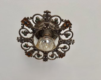 Antique Semi-Flush Mount Light Fixture, 1910's Single Bulb Riddle Company, Original Multi-Color Decor, Rewired and Ready to Install