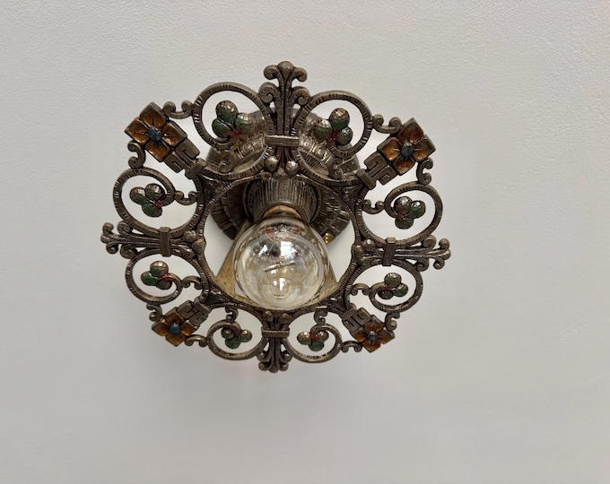 Antique Semi-Flush Mount Light Fixture, 1910's Single Bulb Riddle Company, Original Multi-Color Decor, Rewired and Ready to Install