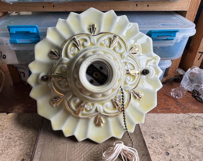1920's Antique Flush Mount Ceiling Fixture, Single Bulb Porcelain with Uranium Glaze and On/Off Pull Chain, Rewired/Restored, Porcelier
