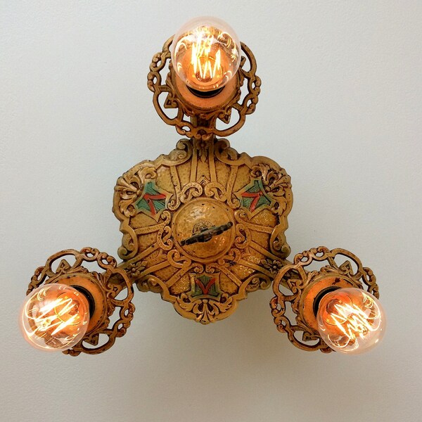 Farmhouse Semi Flush Ceiling Fixture, Antique Heavy Cast Iron, 1910's, Original Decor, Rewired Retouched, Yellow Ochre Beige Coat of Arms