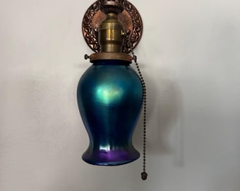 1914 Wall Sconce, Cobalt Blue and Deep Purple Art Glass Shade, Cast Aluminum Base with On/Off Pull Switch, Copper Decor, Ready to Install