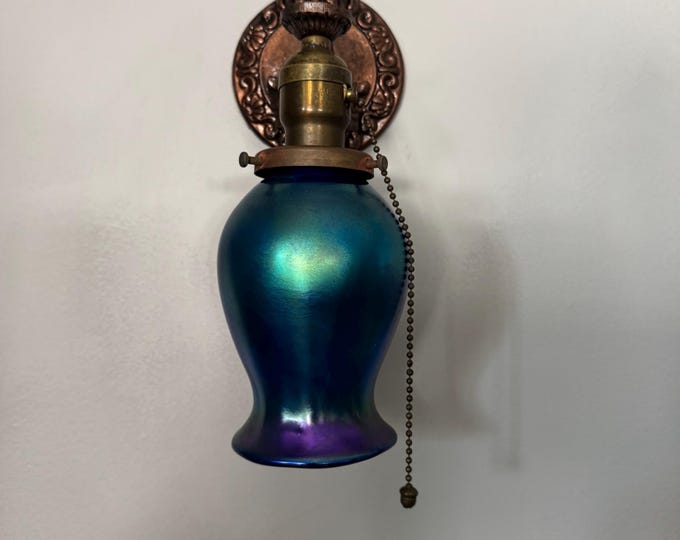 1914 Wall Sconce, Cobalt Blue and Deep Purple Art Glass Shade, Cast Aluminum Base with On/Off Pull Switch, Copper Decor, Ready to Install