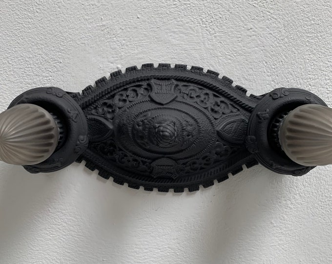 Antique Flush Mount Ceiling Fixture, Coat of Arms, 1920's Heavy Cast Iron, Refinished Charcoal Black, Rewired