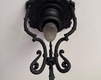 Hanging Antique Ceiling Light, 1920's Cast Aluminum with Barbola Roses, Single Bulb, Charcoal Black, Rewired and Ready to Install