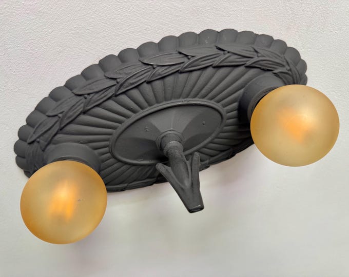 Antique Native American Themed Flush Mount Light Fixture, 1910's Heavy Cast Iron, Charcoal Black, Rewired/Restored and Ready to Install