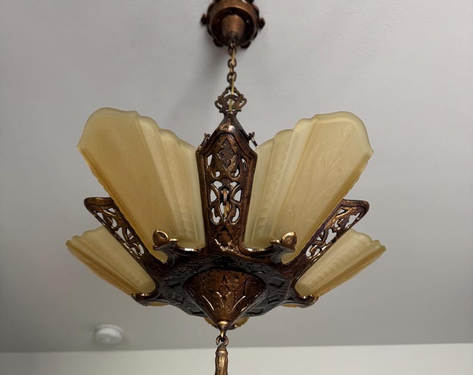 Hanging Slip Shade Chandelier Ceiling Fixture, Cast Iron, Original Bronze Decor, Rewired/Restored Ready to Install