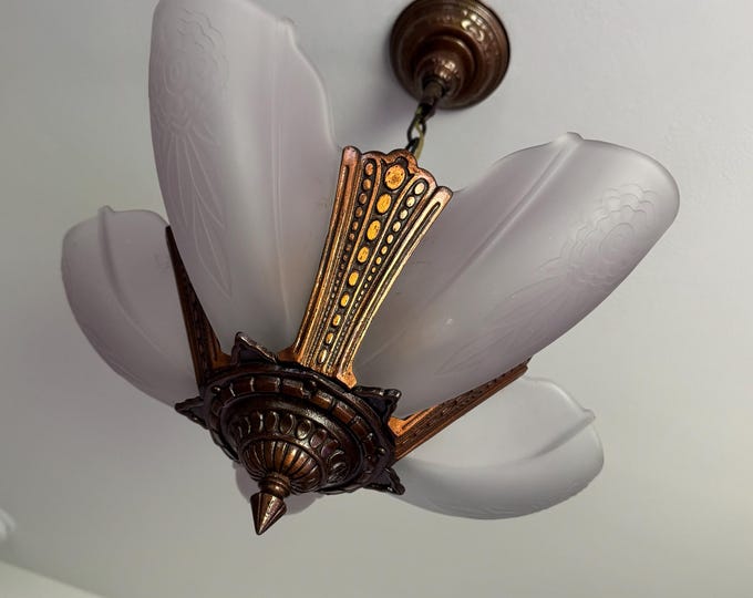 Antique Hanging Slip Shade Ceiling Fixture, 1910's Cast Iron 5 Bulb with Soft Lavender Glass Shades, Original Bronze Decor, Ready to Install