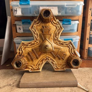 Antique Cast Iron Flush Mount Ceiling Fixture, 1920&#39;s Markel, Restored, Art Deco, Creamy Beige, Coppery Gold, Kitchen Bedrrom Hall Bath