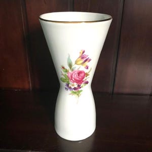 Vintage Gold Trimmed White Porcelain with Floral Design Hourglass Shaped Flower Vase From Bavaria, Germany