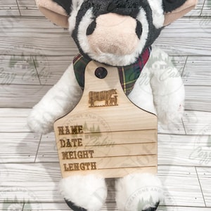 Faire-part de bébé avec plaque d'oreille de vache | Plaque de naissance pour bébé vache New Farm