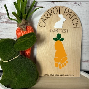 May include: A wooden sign with the text "Carrot Patch - Farm Fresh - Locally Grown - Family Owned - Hand Picked" with a white bunny and a carrot footprint.