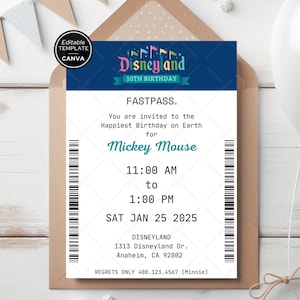 Op Fastpass geïnspireerde uitnodiging voor themaparkfeest – bewerkbare canva-sjabloon – digitale download
