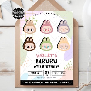 Convite de aniversário fofo com monstro kawaii – Modelo editável do Canva – Desenhado à mão – Download digital