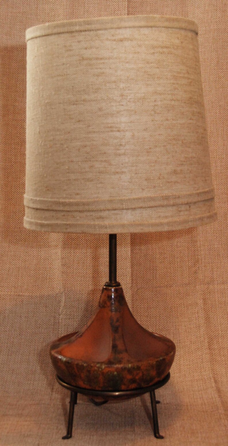Mid Century Modern Rare Sculpted Earth Tone Ceramic Base On Metal Stand Table Lamp W Original Banded Fabric Shade Over Glass Diffusor