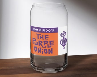 Tom Guido's Purple Onion beer can shaped glass