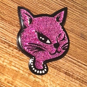 Spilla retrò anni '90 con gatto ammiccante Spilla in smalto glitter rosa