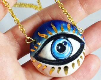 Evil eye ceramic & 22k gold pendant, ceramic pendant, modern ceramic jewelry, eye pendant, boho, mystic eye necklace