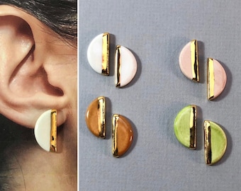 Modern Ceramic & 22k gold stud earrings, minimalist geometric studs, gold earrings, ceramic earrings, midcentury ceramic studs