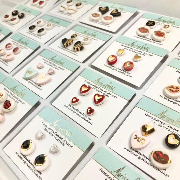 SALE! Love Earring Set, Ceramic & 22k Gold stud earrings, minimalist geometric studs, heart earrings, heart studs, gifts under 25