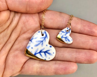 Gold dip Heart Necklace, Ceramic & 22k gold heart pendant, romantic jewelry, minimalist, blue and white, modern delft inspired