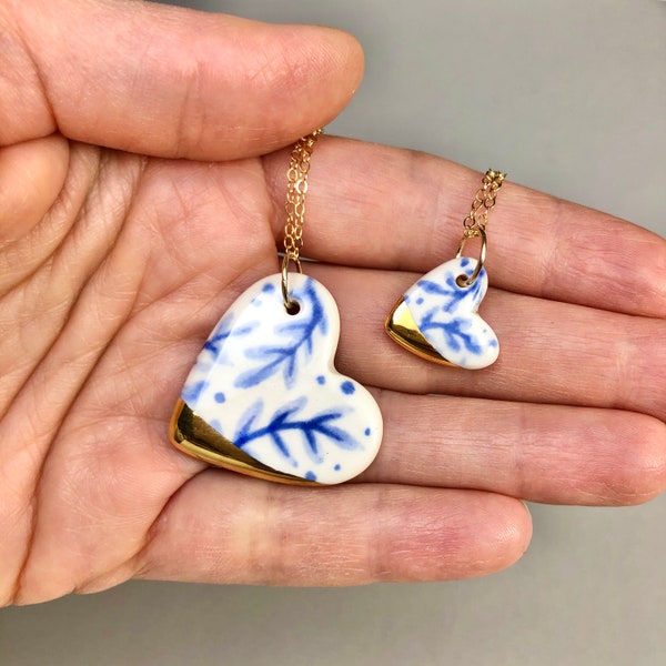 Gold dip Heart Necklace, Ceramic & 22k gold heart pendant, romantic jewelry, minimalist, blue and white, modern delft inspired