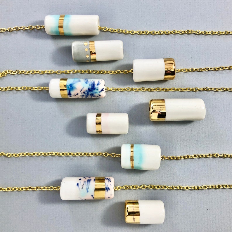 Ceramic & 22kt gold cylinder necklace, tube bead necklace, minimalist pendant, ceramic pendant, modern ceramic jewelry, geometric, boho image 2