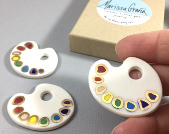Artist's Palette Pins, Ceramic & 22k gold pins, painter's palette pins, rainbow pin, gift for artist, gift for art teacher