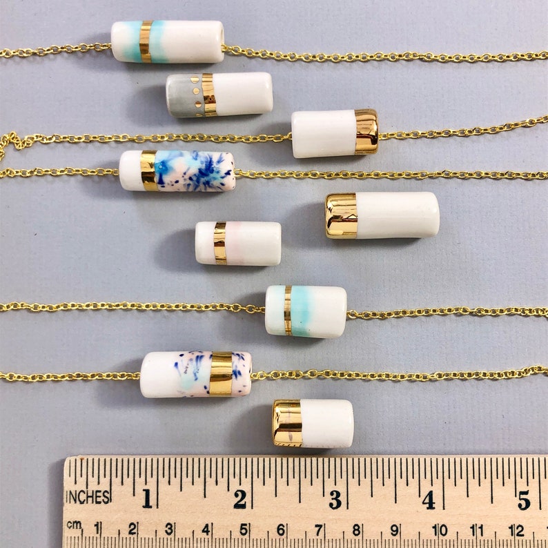 Ceramic & 22kt gold cylinder necklace, tube bead necklace, minimalist pendant, ceramic pendant, modern ceramic jewelry, geometric, boho image 7