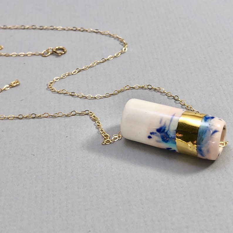 Ceramic & 22kt gold cylinder necklace, tube bead necklace, minimalist pendant, ceramic pendant, modern ceramic jewelry, geometric, boho image 5
