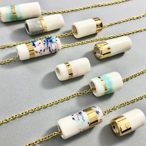 Ceramic & 22kt gold cylinder necklace, tube bead necklace, minimalist pendant, ceramic pendant, modern ceramic jewelry, geometric, boho image 1