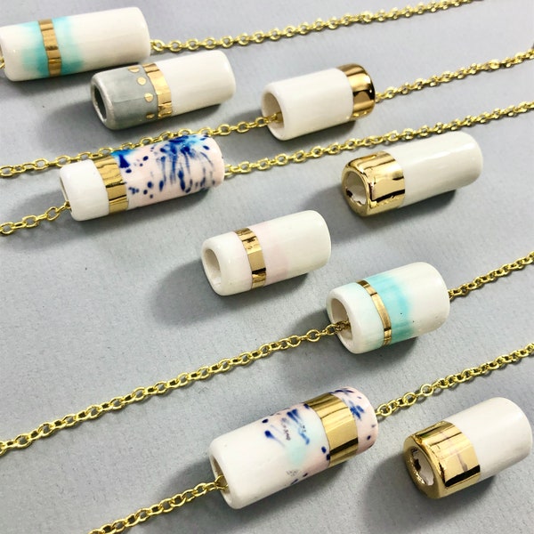 Ceramic & 22kt gold cylinder necklace, tube bead necklace, minimalist pendant, ceramic pendant, modern ceramic jewelry, geometric, boho