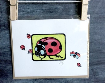 Hand painted lady bug card, Original miniature painting, "Lana" 4, blank greeting card, insect card