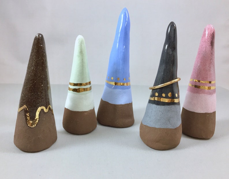 Ceramic ring cone, black clay Ceramic and 22k gold ring cone, gold decor, jewelry holder, nature inspired, mountain wedding, engagement gift image 2