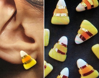 Candy Corn earrings, Ceramic & 22k gold studs, halloween earrings, halloween accessories, fall style, Candy corn jewelry, halloween costume