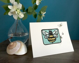 Hand painted bee card, original miniature painting, "Horus" 1, blank greeting card, insect card