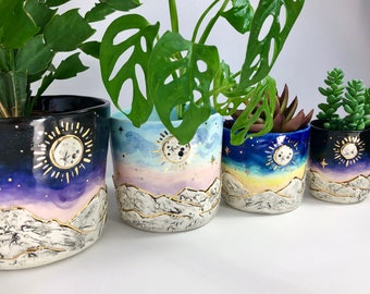 Moon over the Mountains planter, READY TO SHIP ceramic & 22k gold planter, succulent planter, cosmic apartment decor,  celestial pot, boho