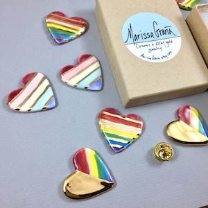 Rainbow and Gold Heart Pins, Ceramic & 22k gold pins, heart pins, pride pins, rainbow hearts