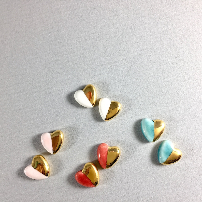 Tiny Gold dip Heart Earrings, Ceramic & 22k gold stud earrings, Valentines jewelry, heart studs, minimalist, gold earrings,magnetic earrings image 1